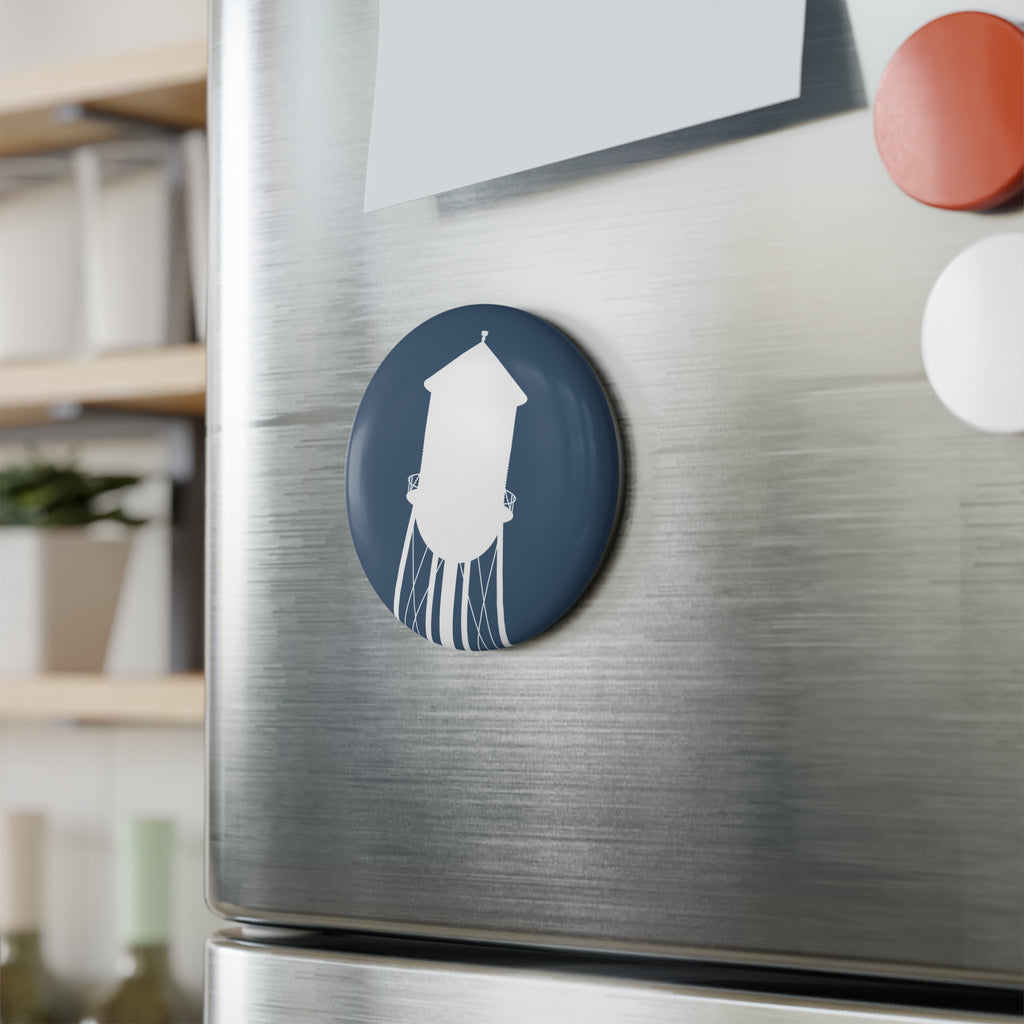 Water Tower Button Magnet — Retro Blue Round Fridge Magnet