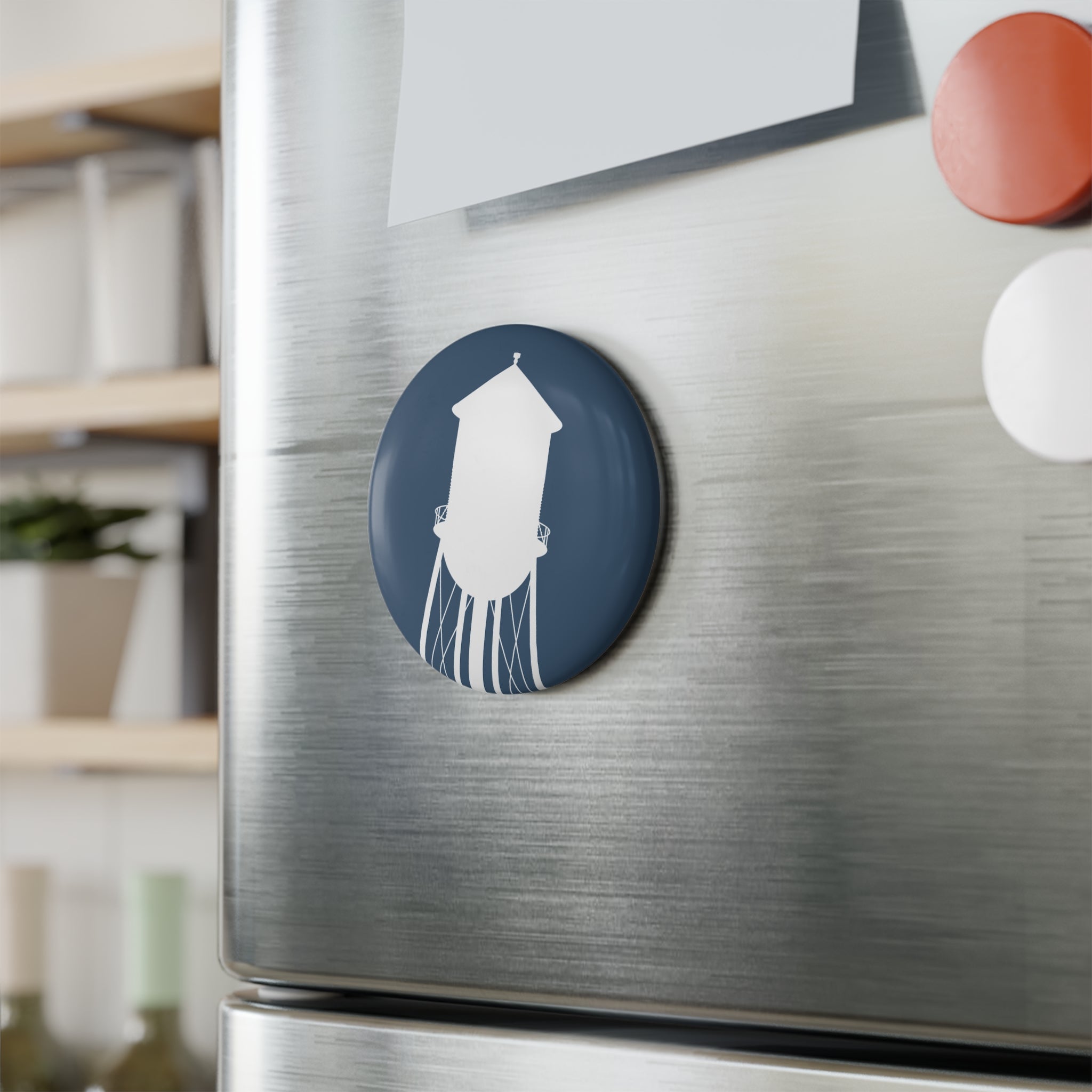 Water Tower Button Magnet — Retro Blue Round Fridge Magnet
