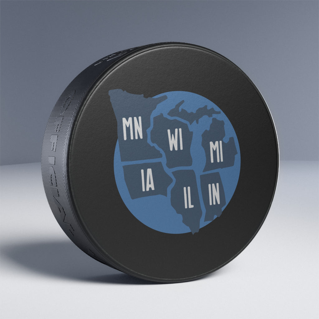 Midwest States Hockey Puck — MN WI MI IA IL IN Vintage Map Design