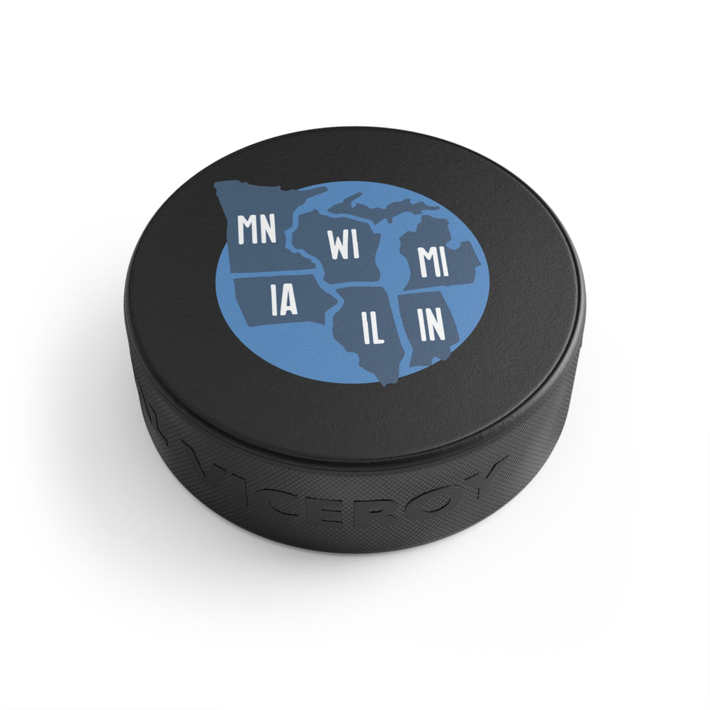 Midwest States Hockey Puck — MN WI MI IA IL IN Vintage Map Design