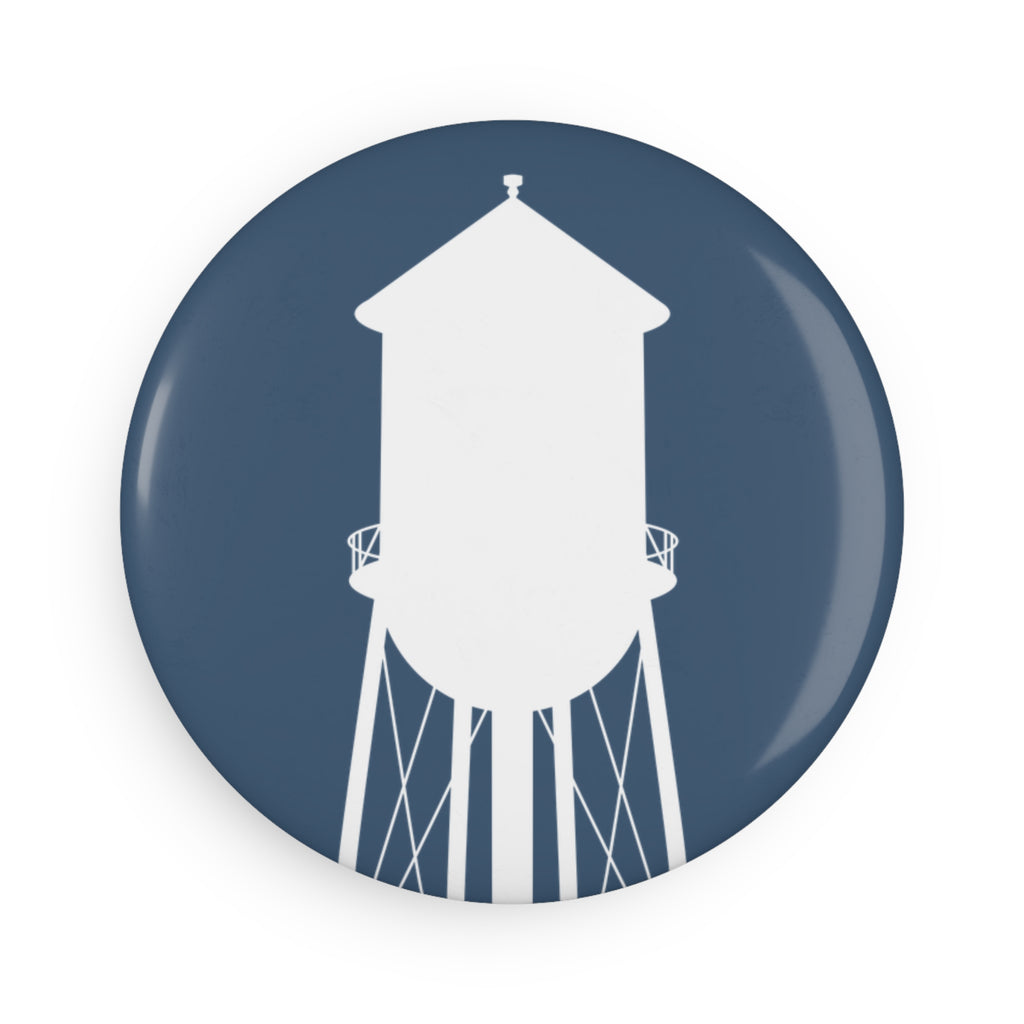 Water Tower Button Magnet — Retro Blue Round Fridge Magnet