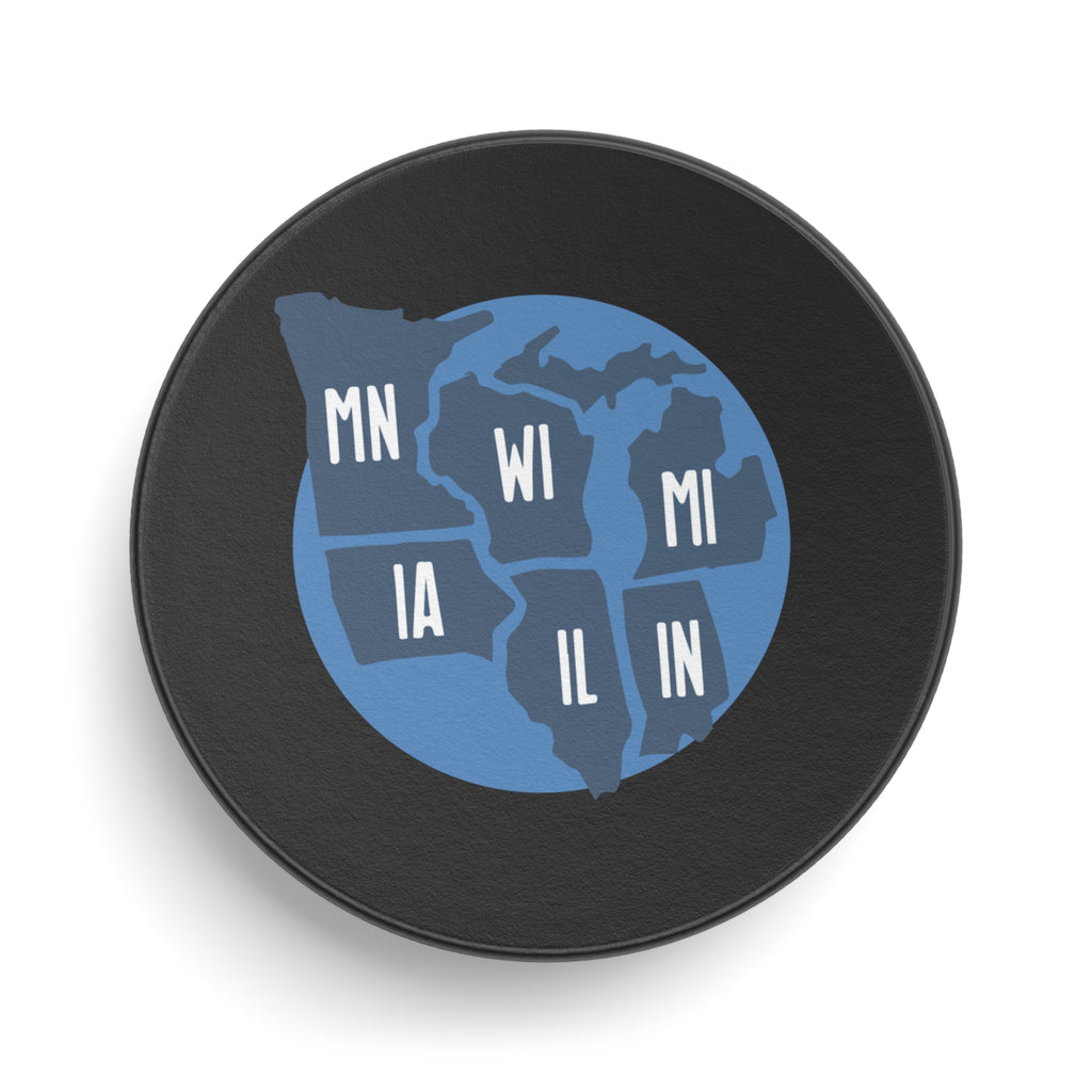 Midwest States Hockey Puck — MN WI MI IA IL IN Vintage Map Design